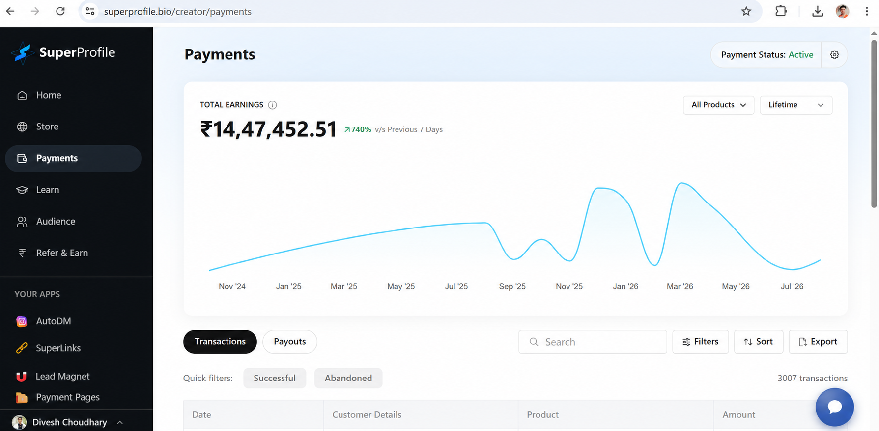 Earnings dashboard